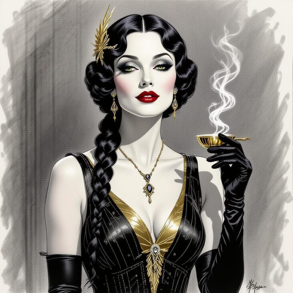 Maleficent as 1920s Singer in Charcoal Drawing Style