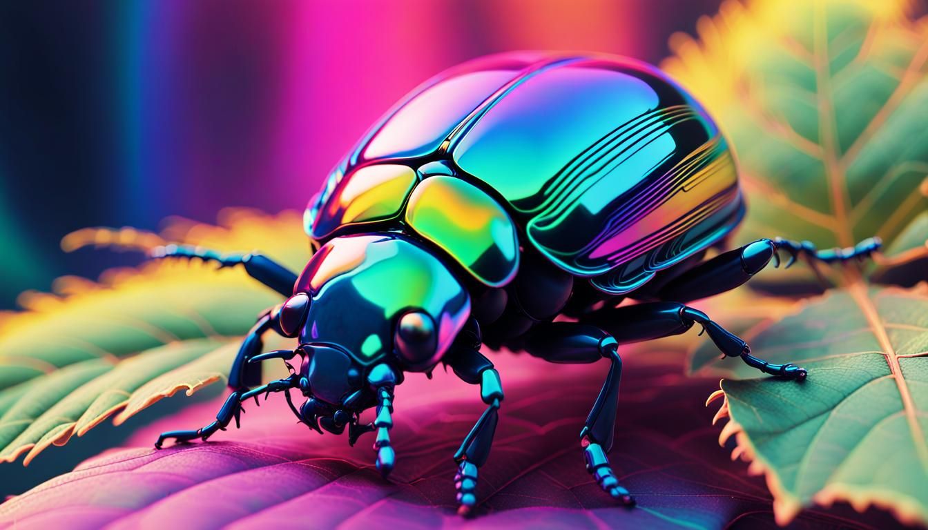 Rainbow Beetle on Leaf in Glitch Art Style