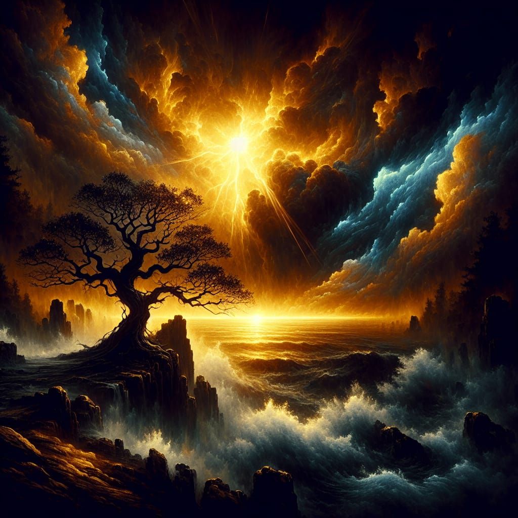 Stormy Sunrise Over Ancient Cherry Tree in Chiaroscuro