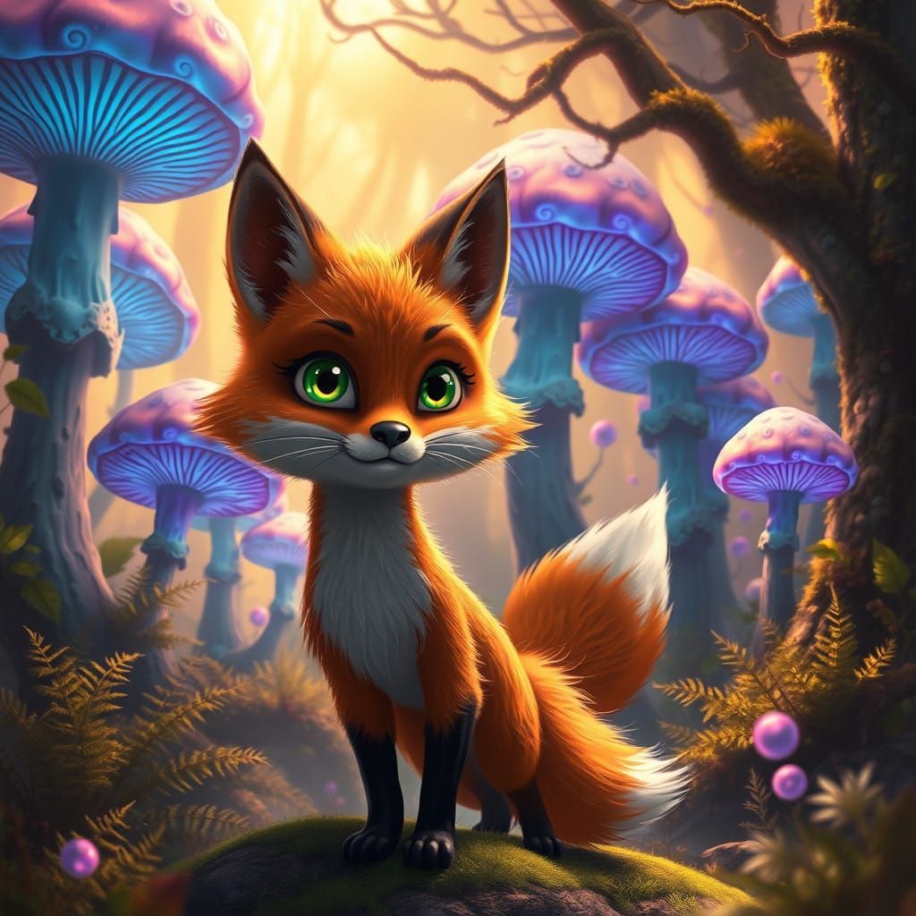Whimsical Fox in a Fantastical Mushroom Forest