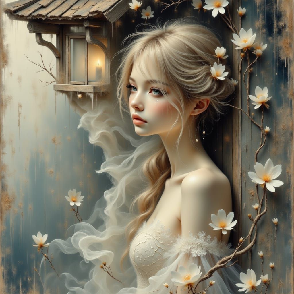 Hauntingly Beautiful Maiden in Ethereal Oil Portrait