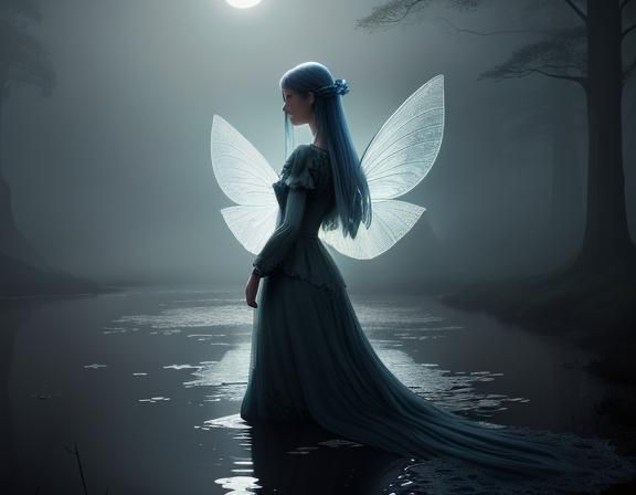 Giant Fairy in Moonlit River: Hyper-Realistic Digital Art