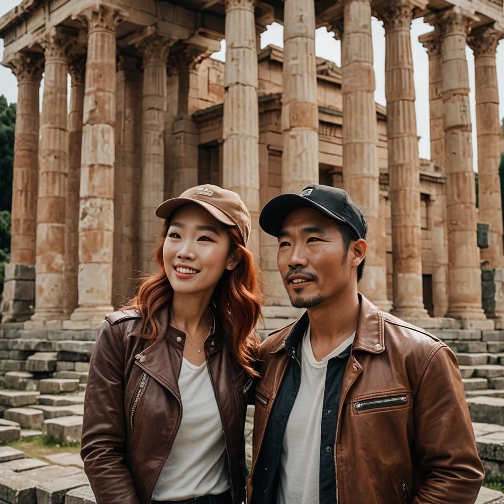 Asian Woman and Man at Ancient Greek Temple Ruins