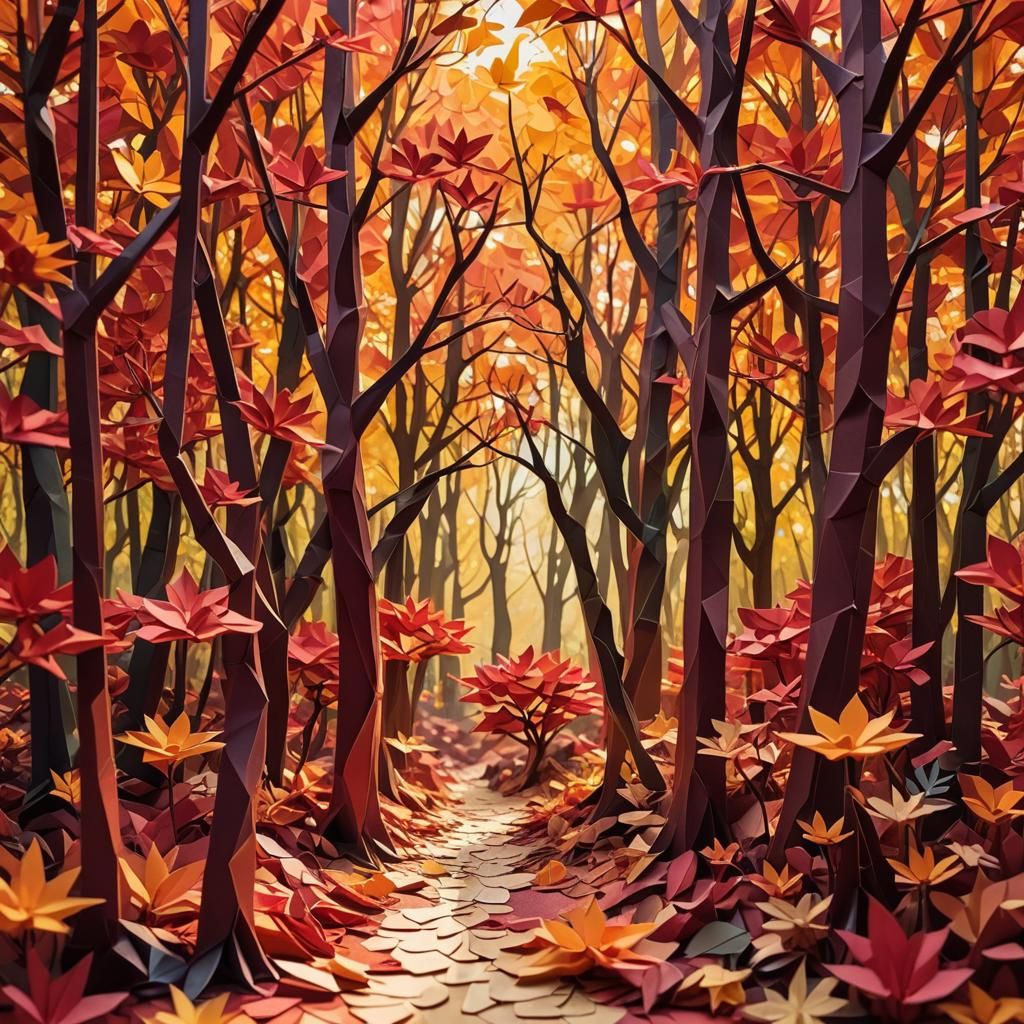 Origami Autumn Forest in Papercraft Style