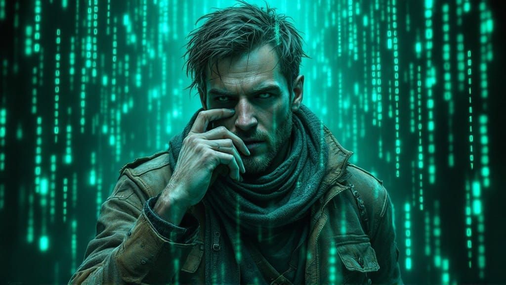 Glowing Code Matrix in Cyberpunk Cityscape