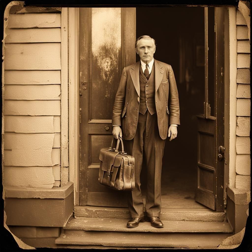 Vintage-Style Insurance Salesman in Doorway, Sepia Toned
