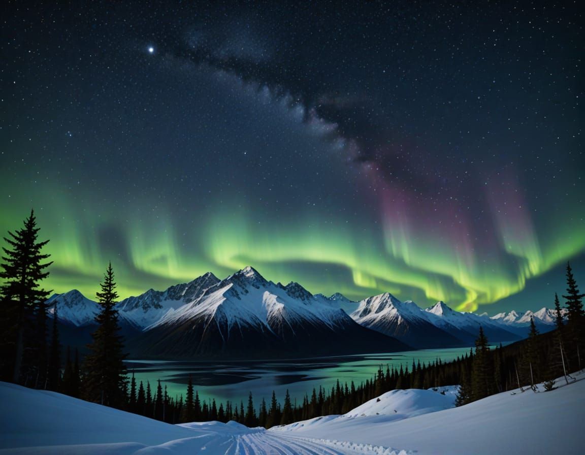 Alaska Night Sky with Aurora Borealis and Big Dipper
