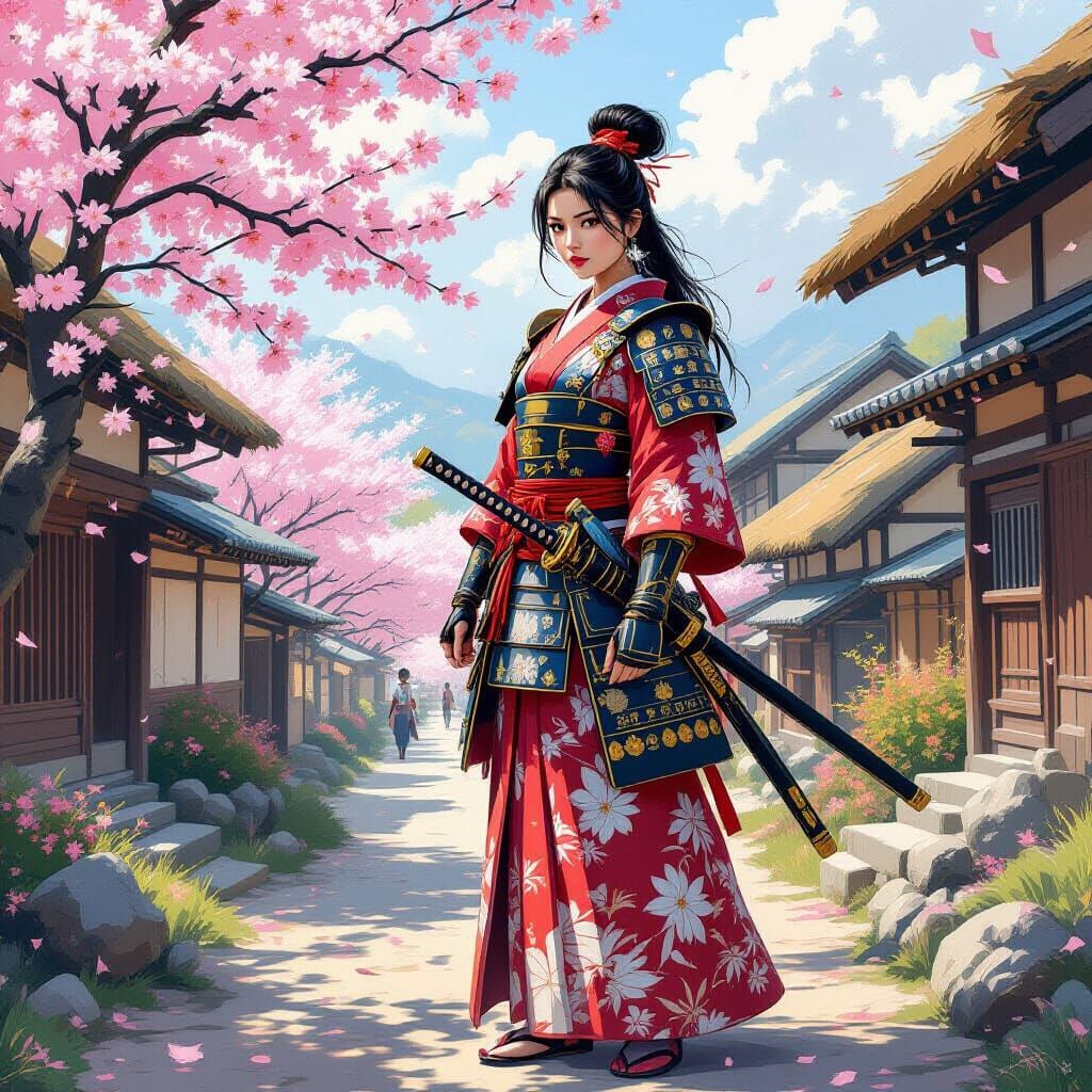Samurai in Cherry Blossom Village, Fantasy Oil Painting