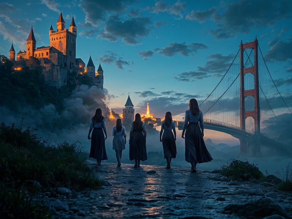Women Walk Home Past Burning Castle and Abyss Bridge