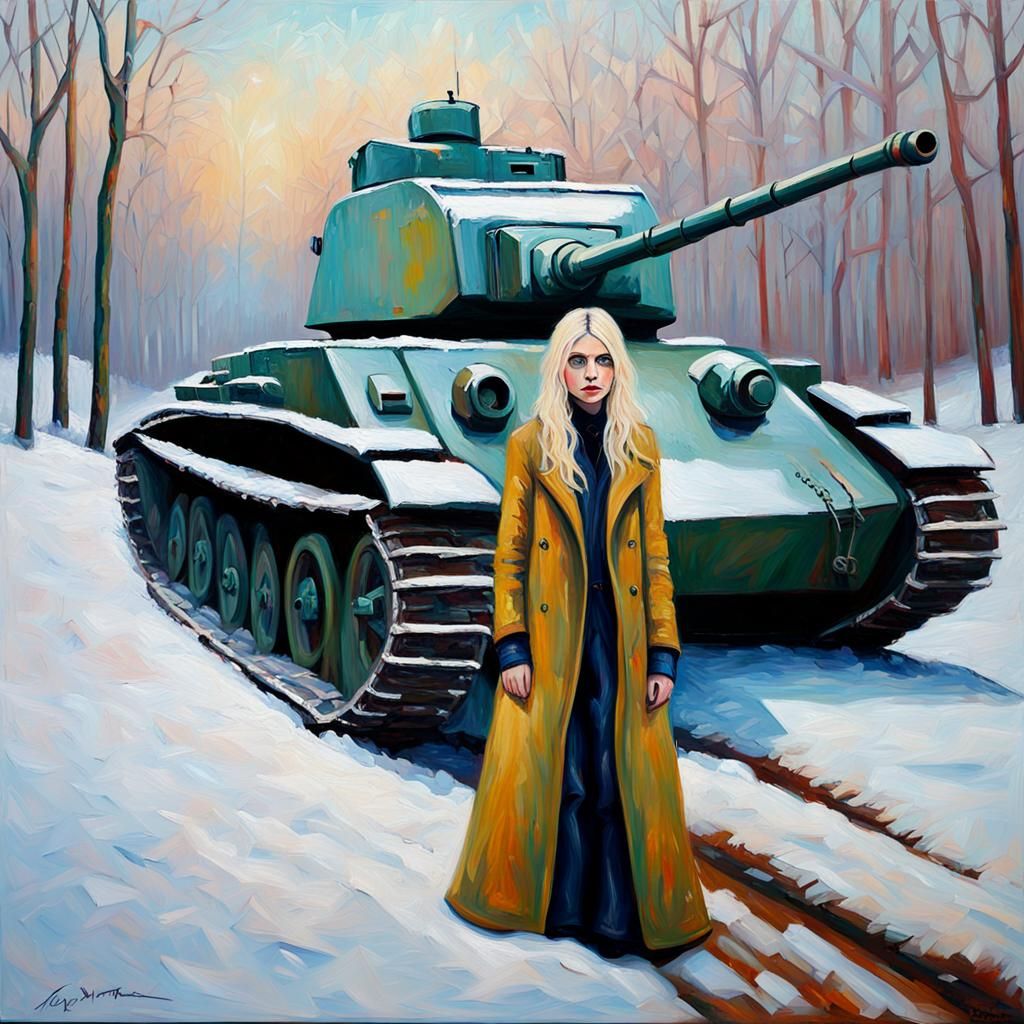 Taylor Momsen and T-34 Tank in Neo-Impressionism Style