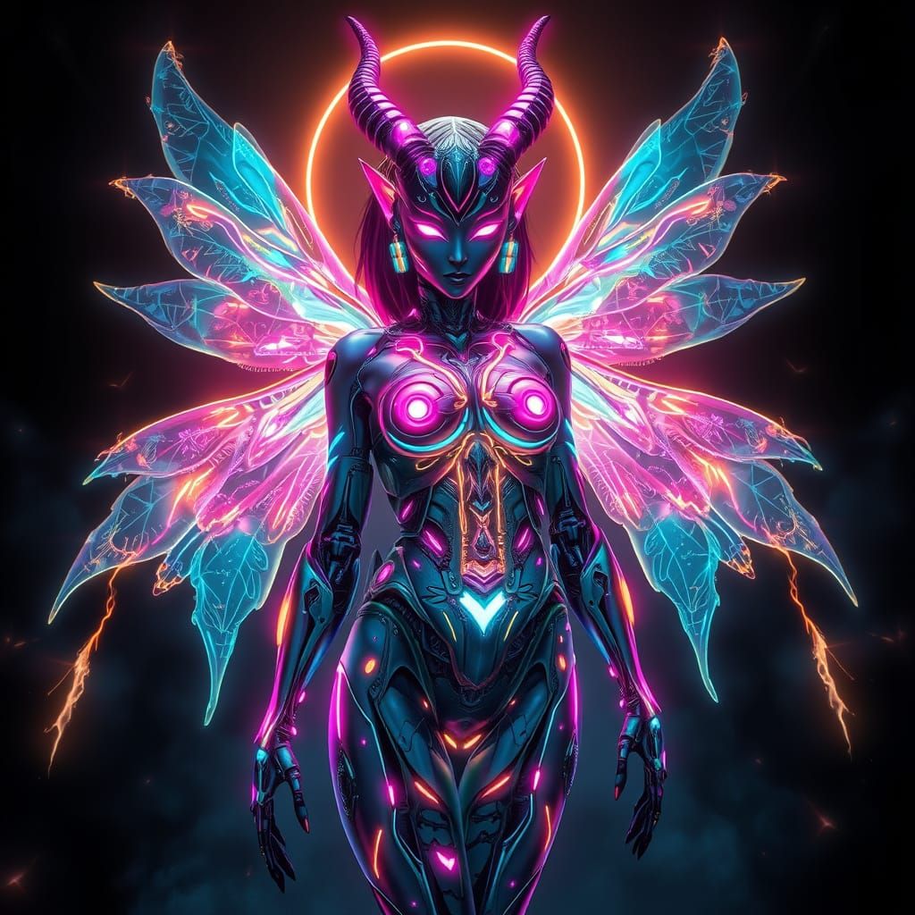 Neon Cyber Goddess with Laser Wings in Dark Fantasy