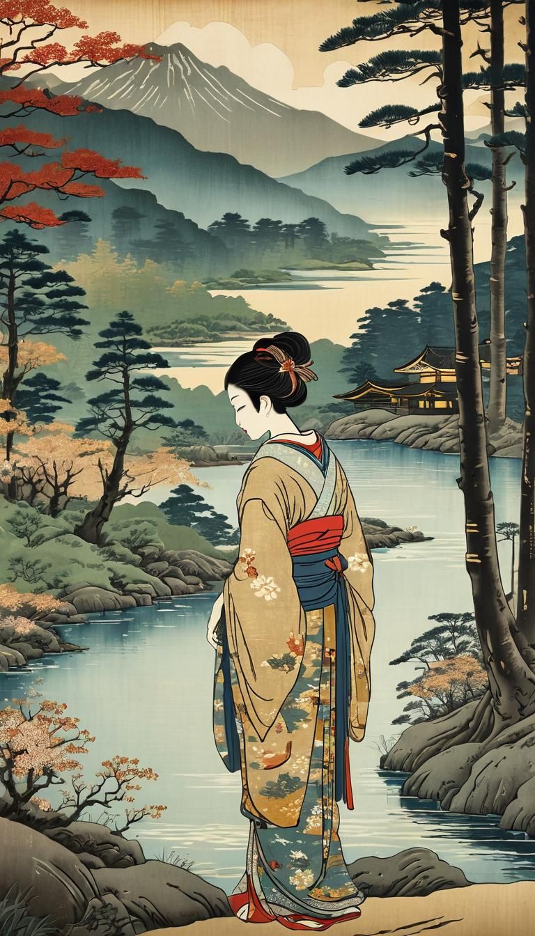 Ukiyo-e Woodcut Print of Serene River Scene