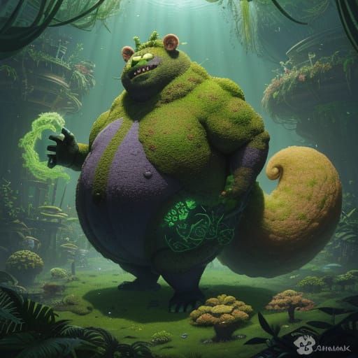 Mossy Sponge-Titan with Glowing Vines and Spore Clouds