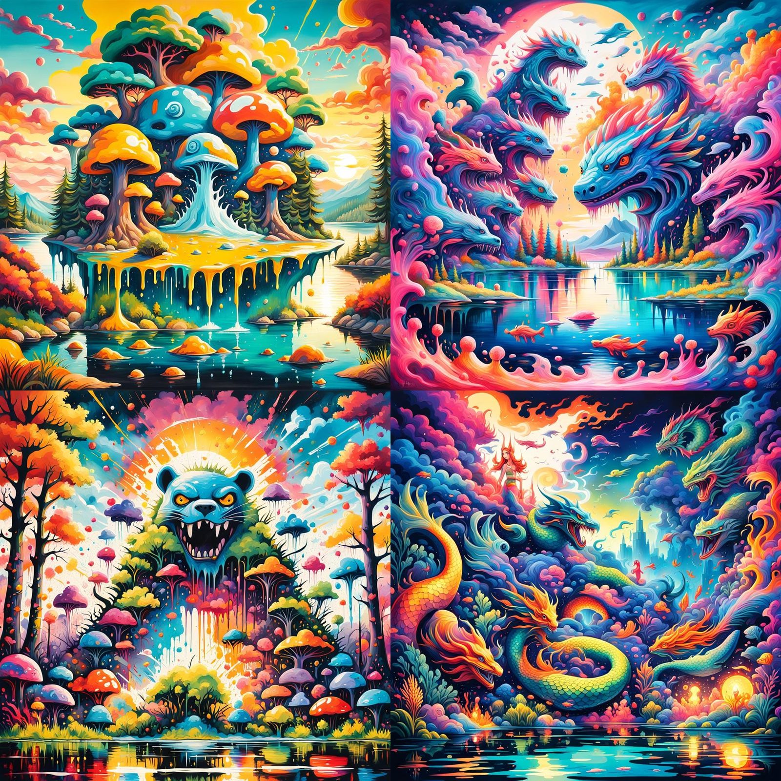 Mystical Creatures on Lake Shore in Graffiti Art