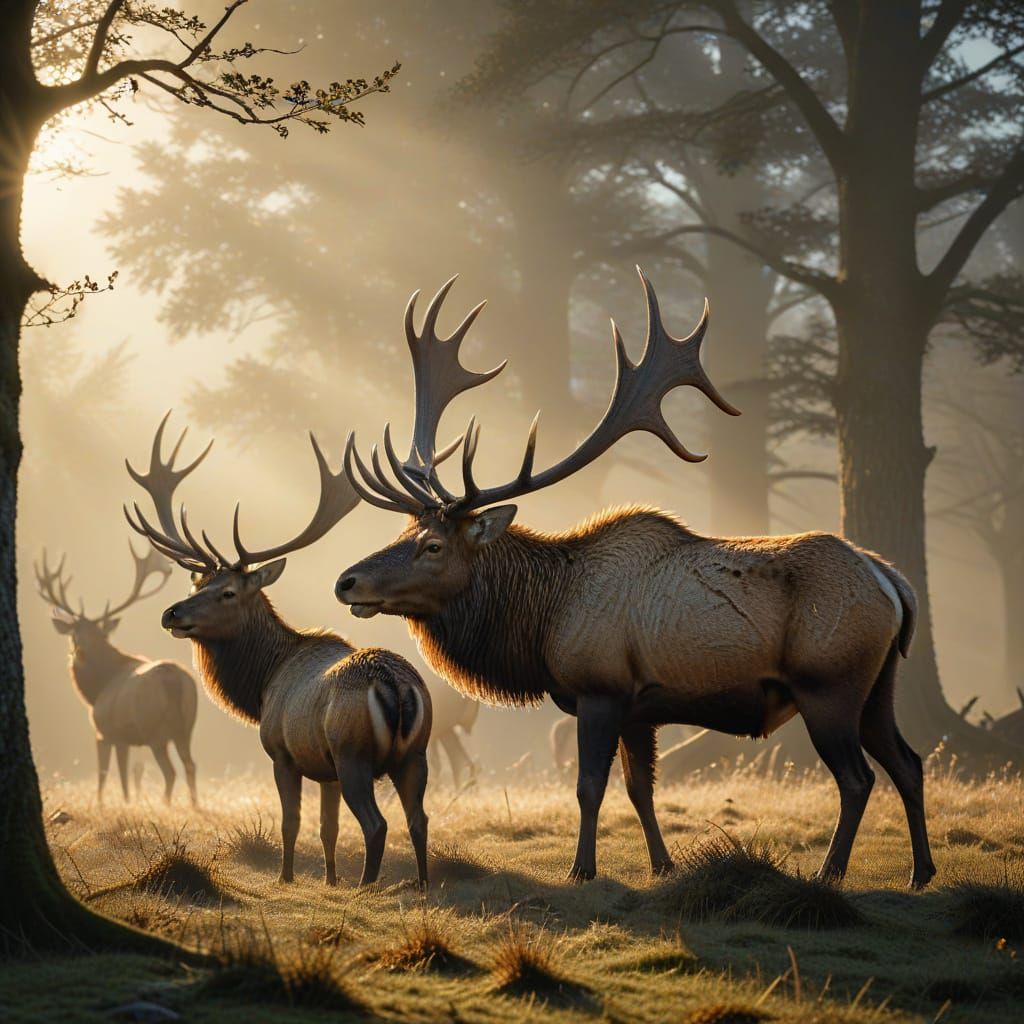 Irish Elk Family Grazing in Misty Meadow