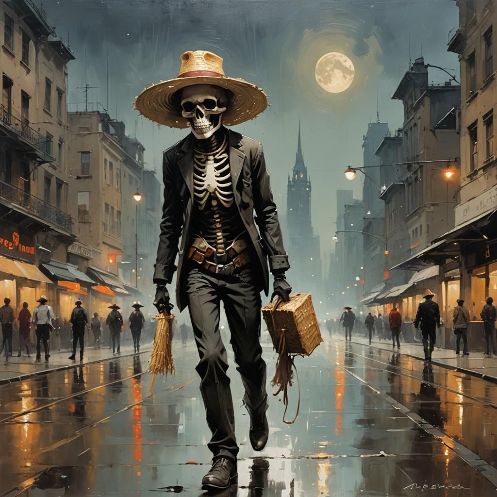 Skeleton in Straw Hat over Futuristic City