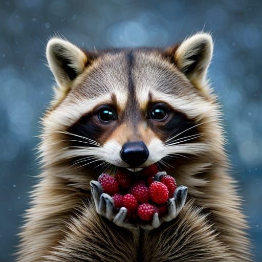 Raccoon Eating Berries: Professional Portrait Photography