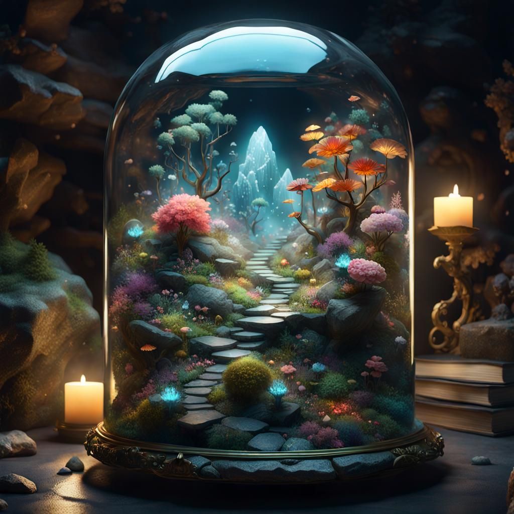 Intricate Rock Garden in Glass Jar, Digital Art