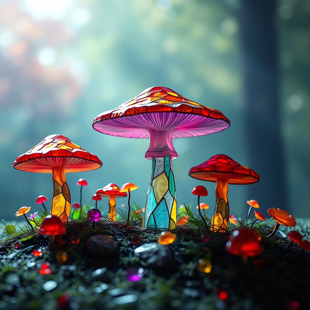 Stained Glass Mushroom Landscape: 3D Hyperreal Art