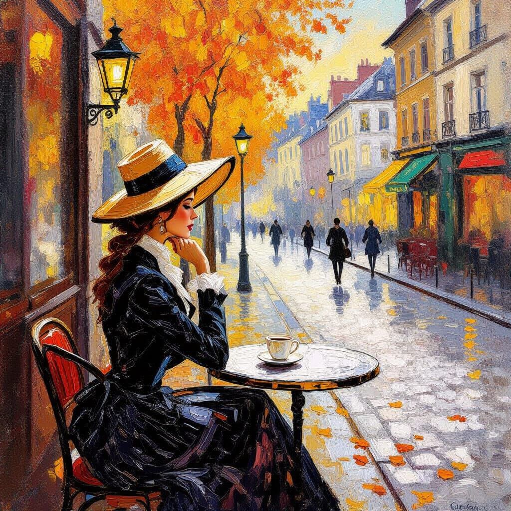 Autumn City Cafe Scene: Impasto Oil Painting