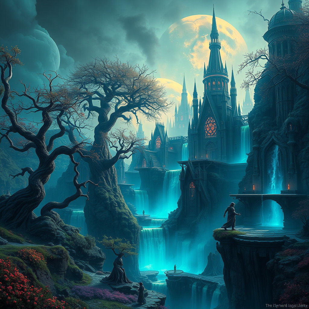 Surreal Landscape with Twisted Trees and Waterfalls