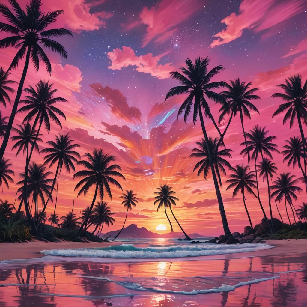 Astral Beach Sunset in Holographic Illustration