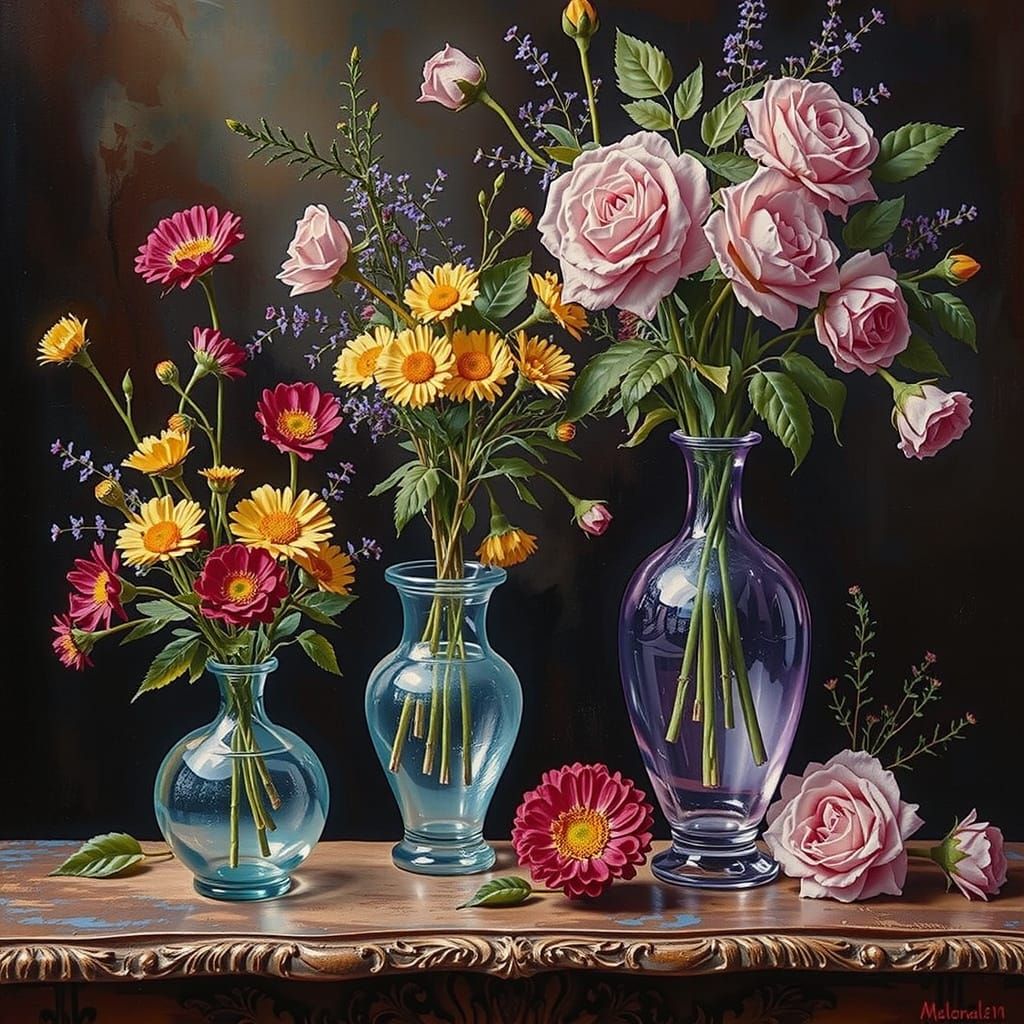 Floral Still Life with Vases in Oil Painting Style