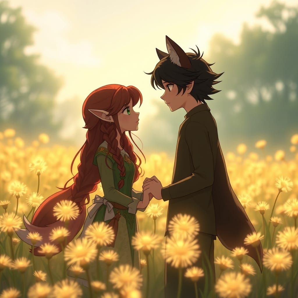 A shy, mysterious couple stands in a field of glowing dandel...