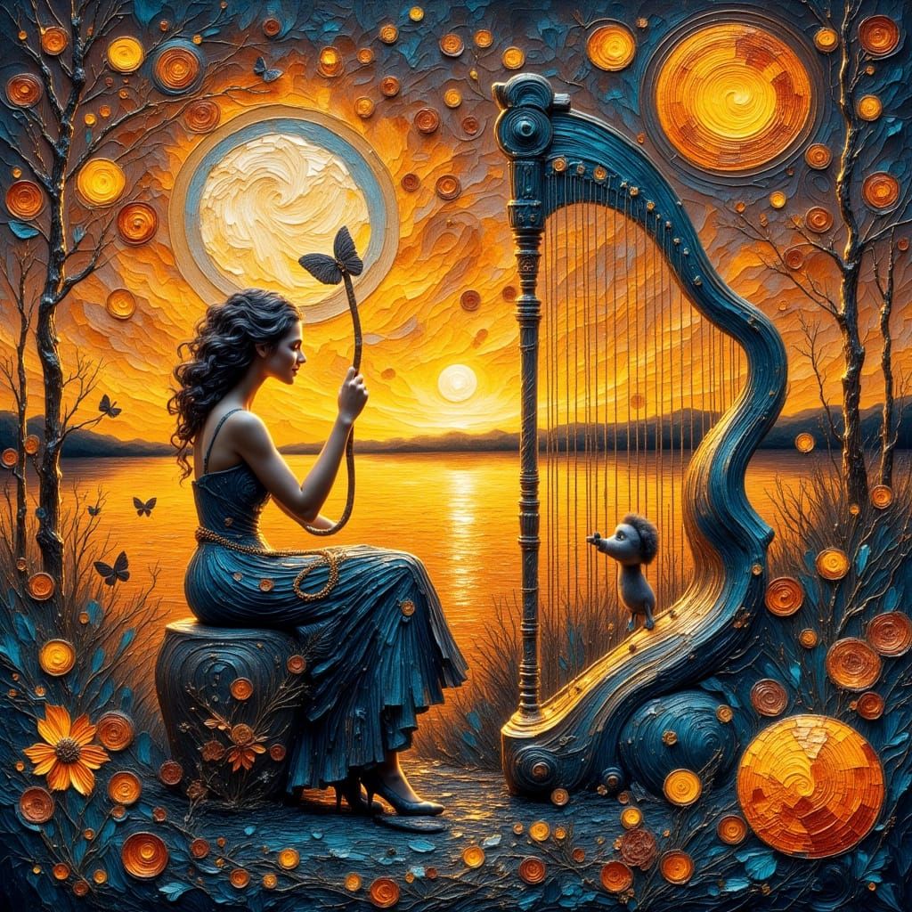 Woman in Royal Dress Playing Harp, Impasto Painting