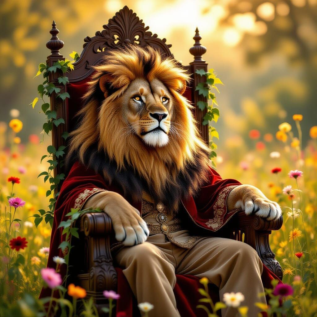 Regal Lion with Fiery Mane on Oak Throne