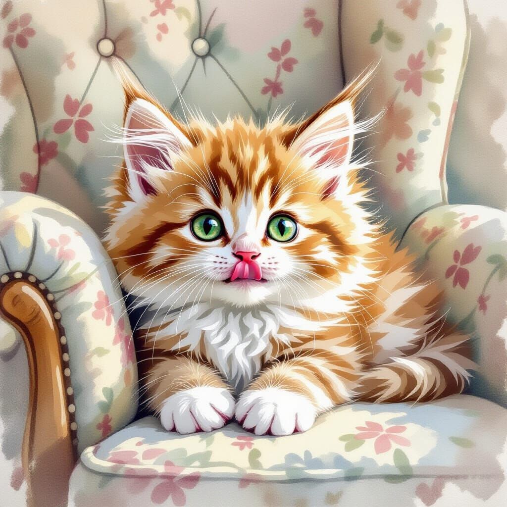 Adorable Kitten with Blep in Watercolor Style