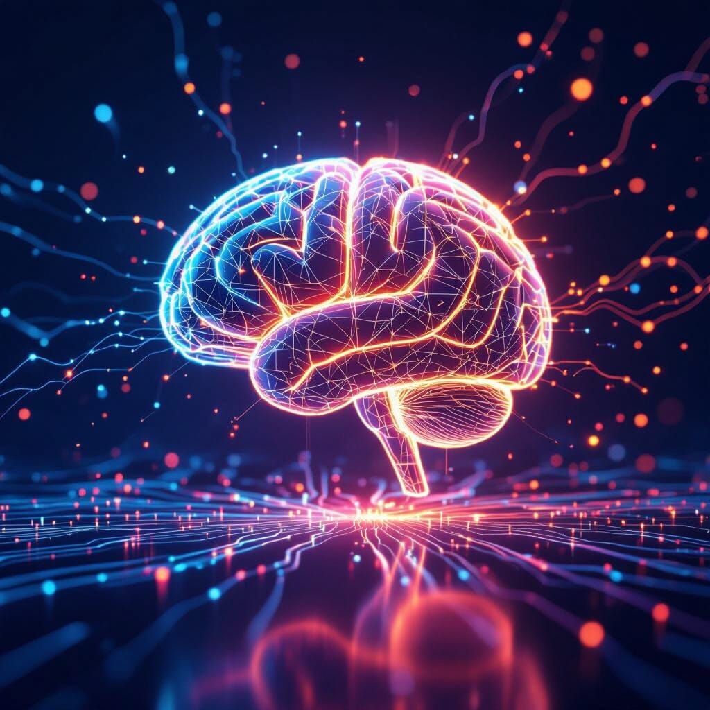 Glowing AI Neural Network Brain of Light and Data