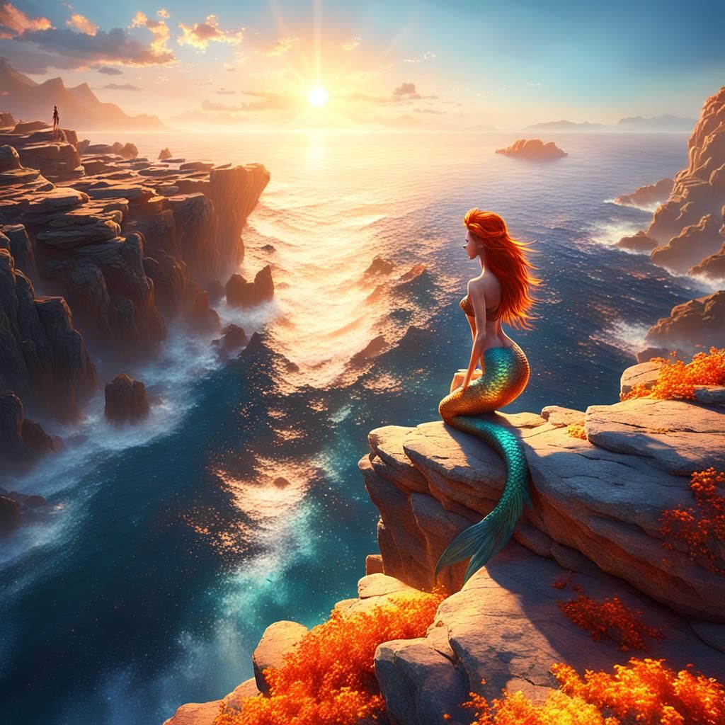 Mermaid Overlooking a Shiny Sea: Fantasy Art