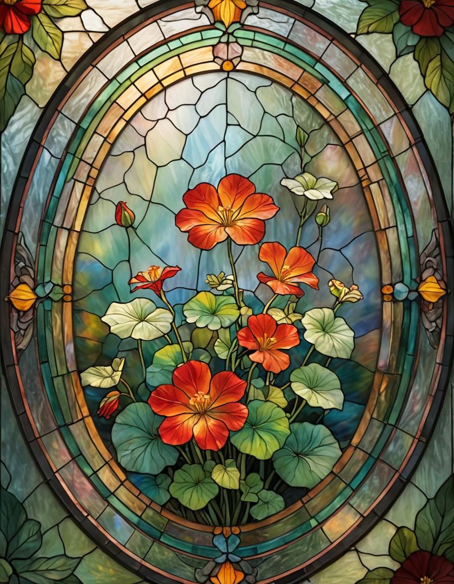 Red Nasturtium Stained Glass Art in Oval Frame