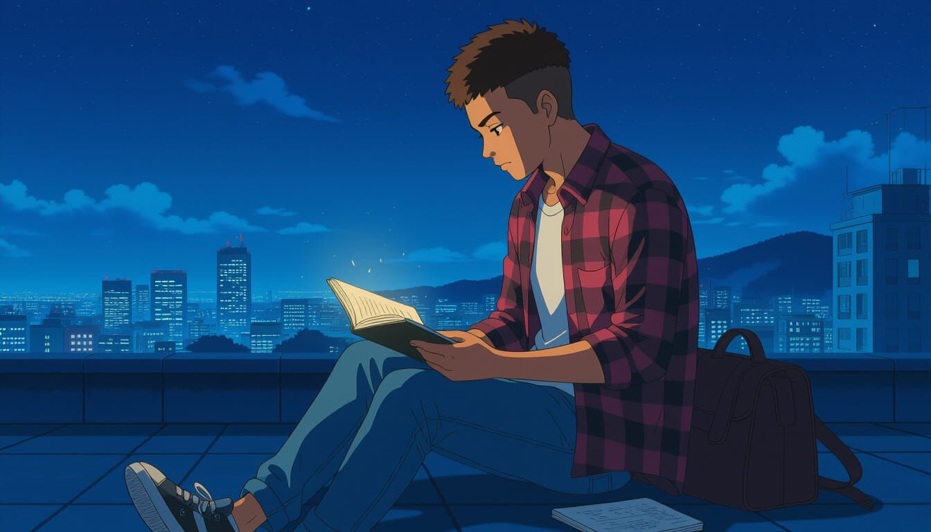 Young Indian Man on Rooftop with Notebook, Anime Style