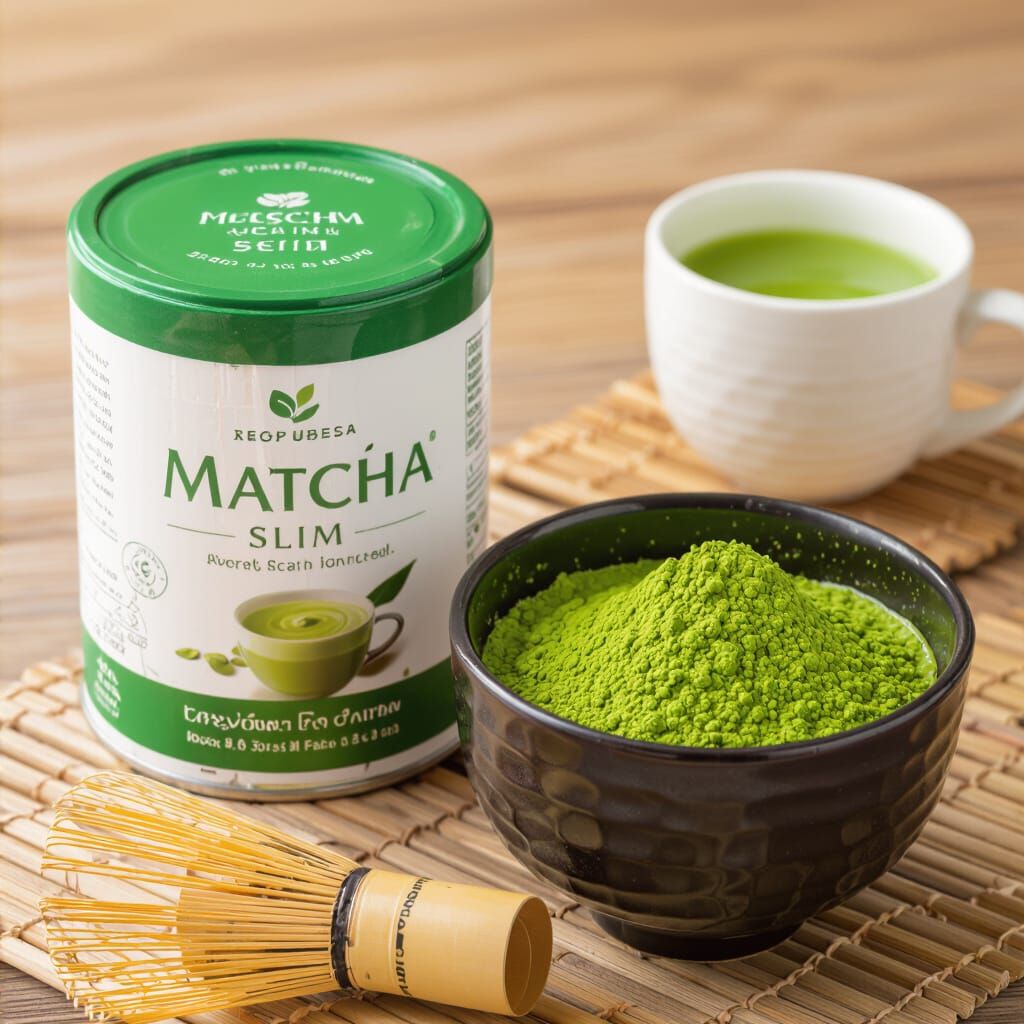 Matcha Slim Bottle with Smiling Woman in Green