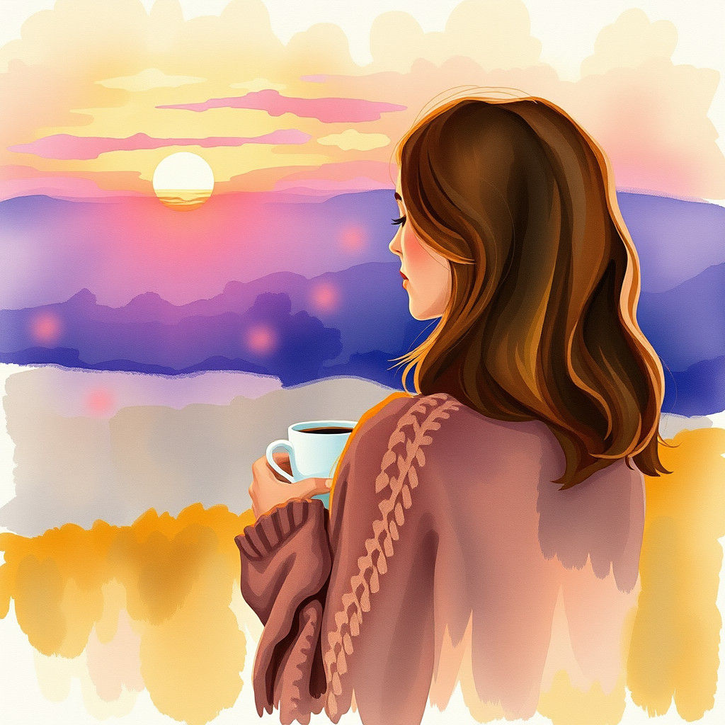 Woman and Coffee at Sunrise: Watercolor Impression