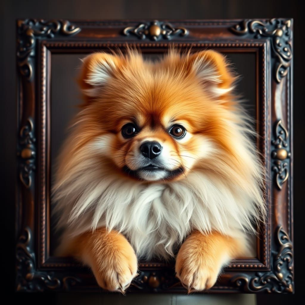 Stunning Brown Pomeranian Portrait in a Classic Frame