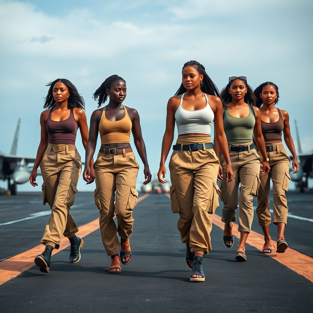 Women in Khaki Military Attire with Futuristic Touches