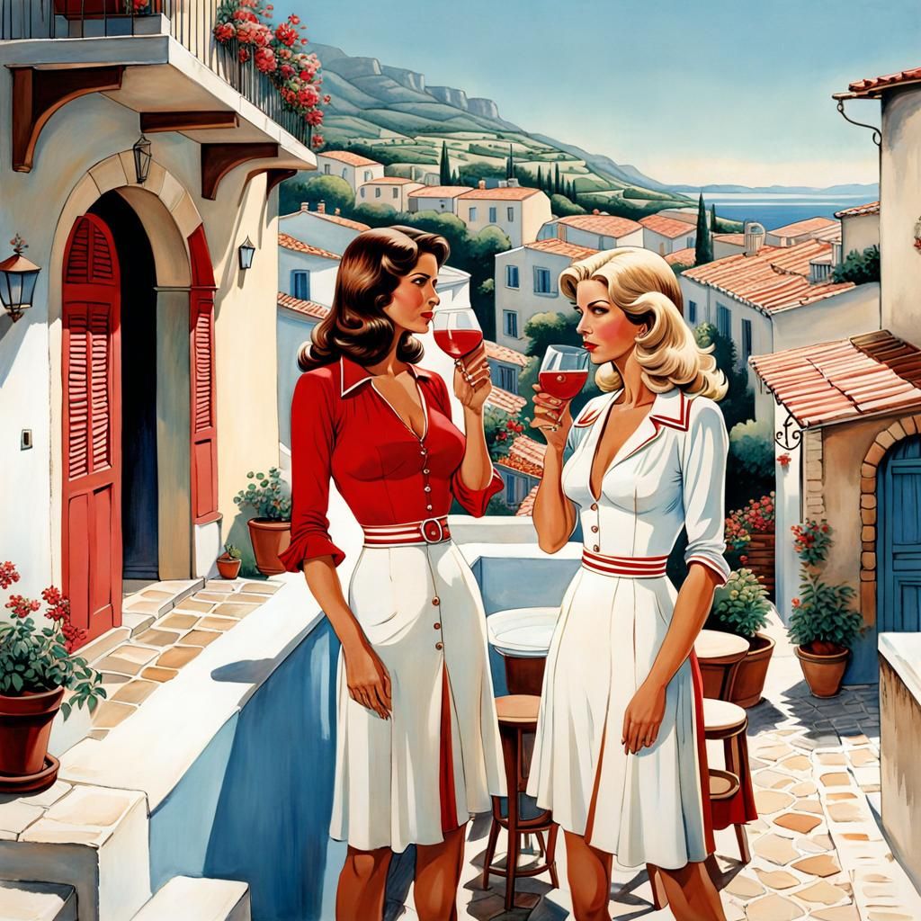 Mediterranean Village Scene with Two Women