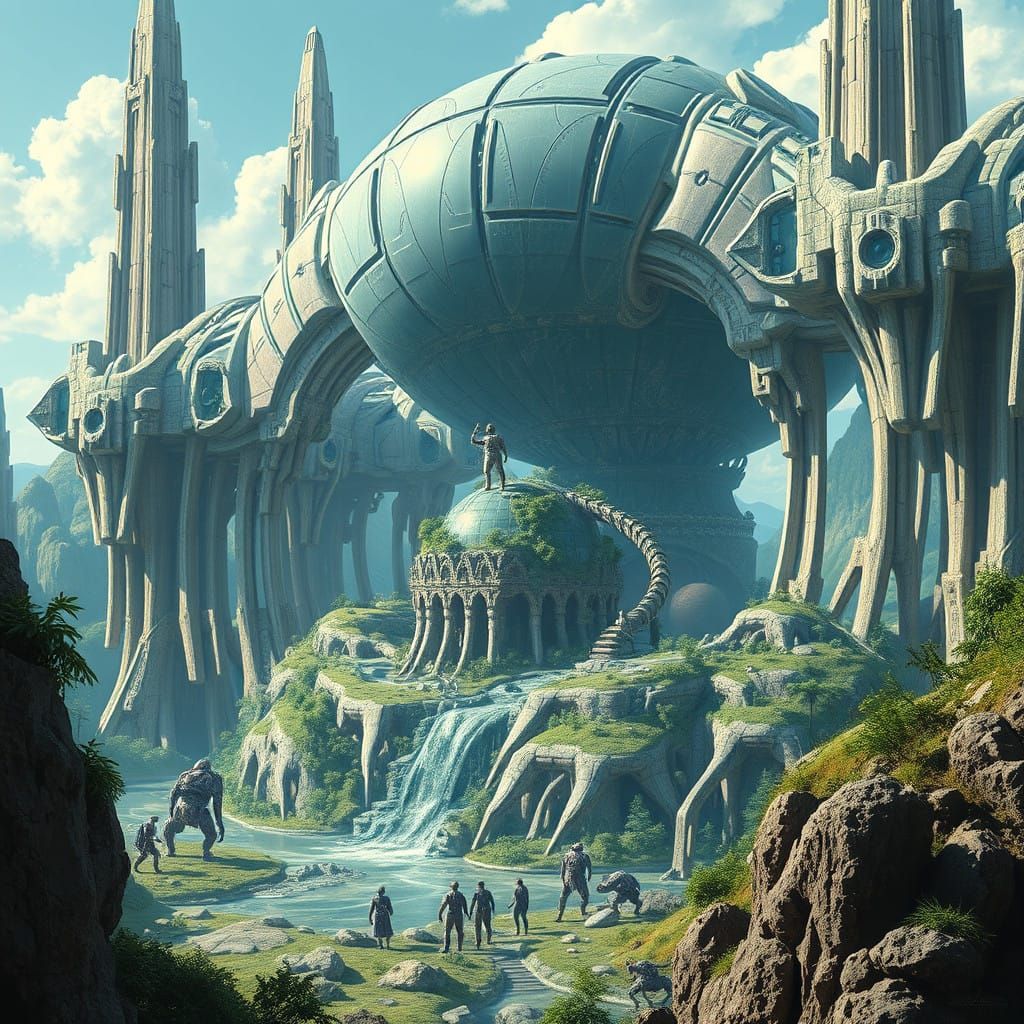 Ancient Megastructure Sanctuary with Iridescent Crystalline...