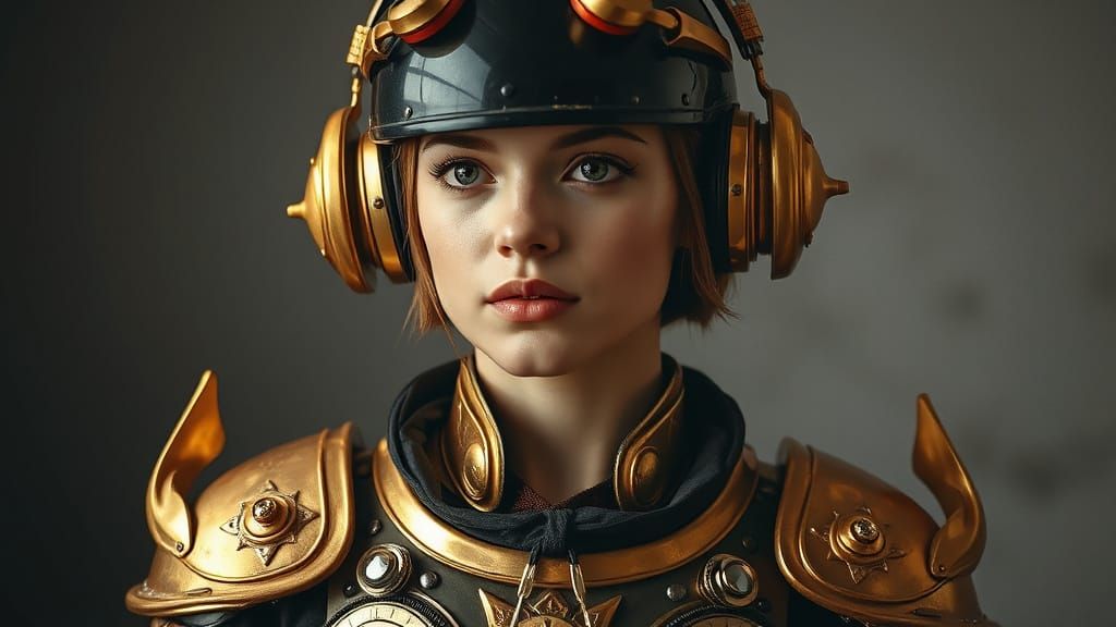 Steampunk Woman in Golden Armor with Headphones