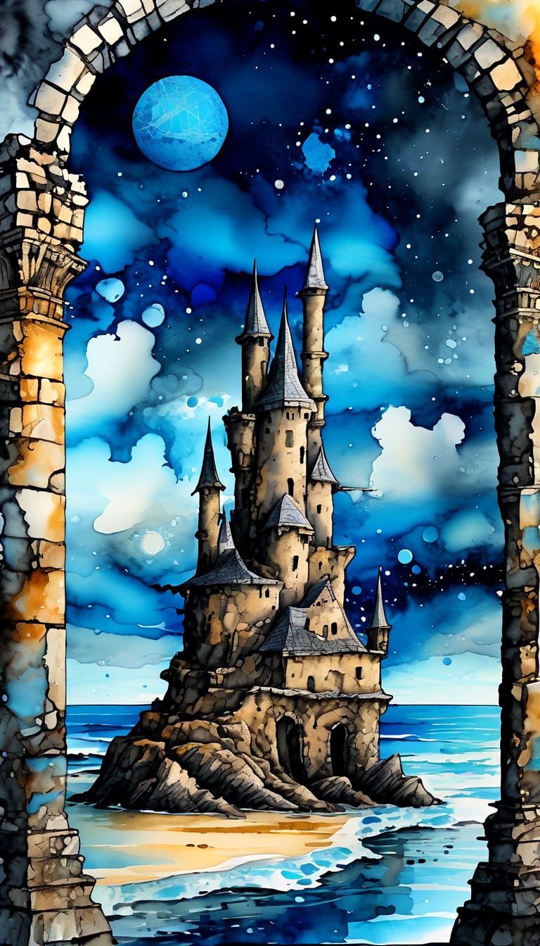 Ancient Oceanic Castle in Cosmic Inkwash