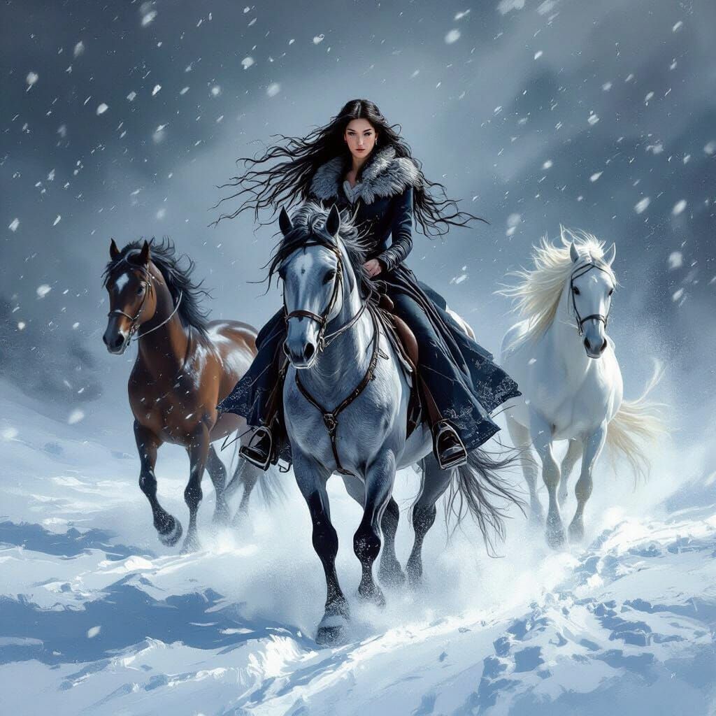 Woman on Horseback in Blizzard, Painterly Style