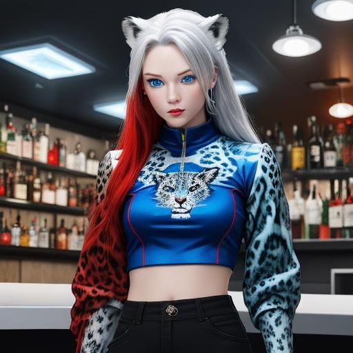 Futuristic Neko Girl in a Crowded Cyberpunk Bar