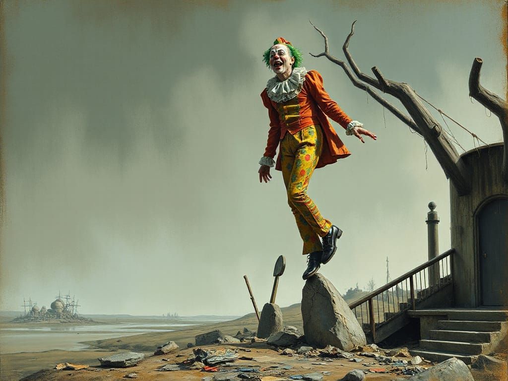 Solitary Clown in Desolate Landscape, Grotesque Art
