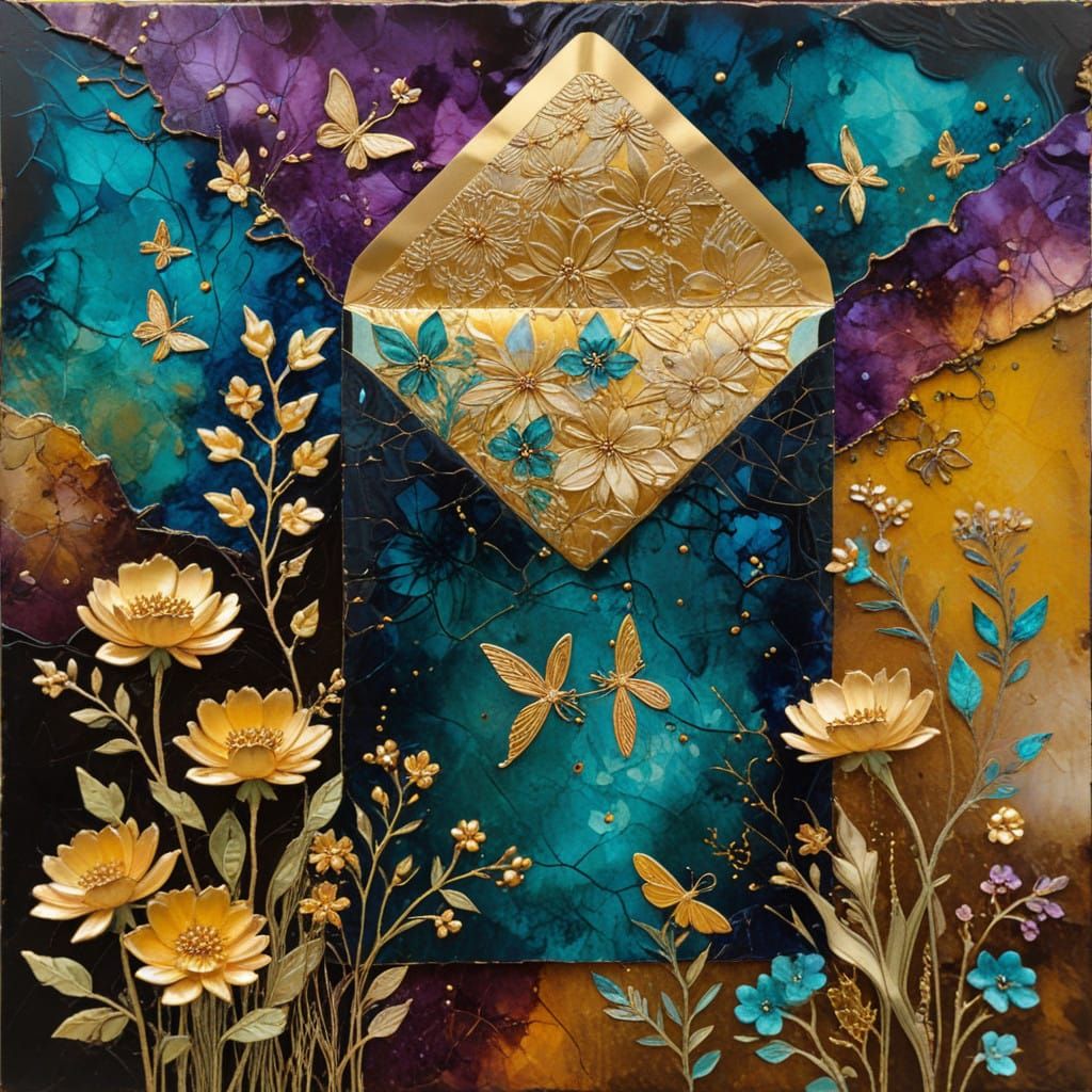 Golden Crinkled Flowers Bloom in an Open Envelope