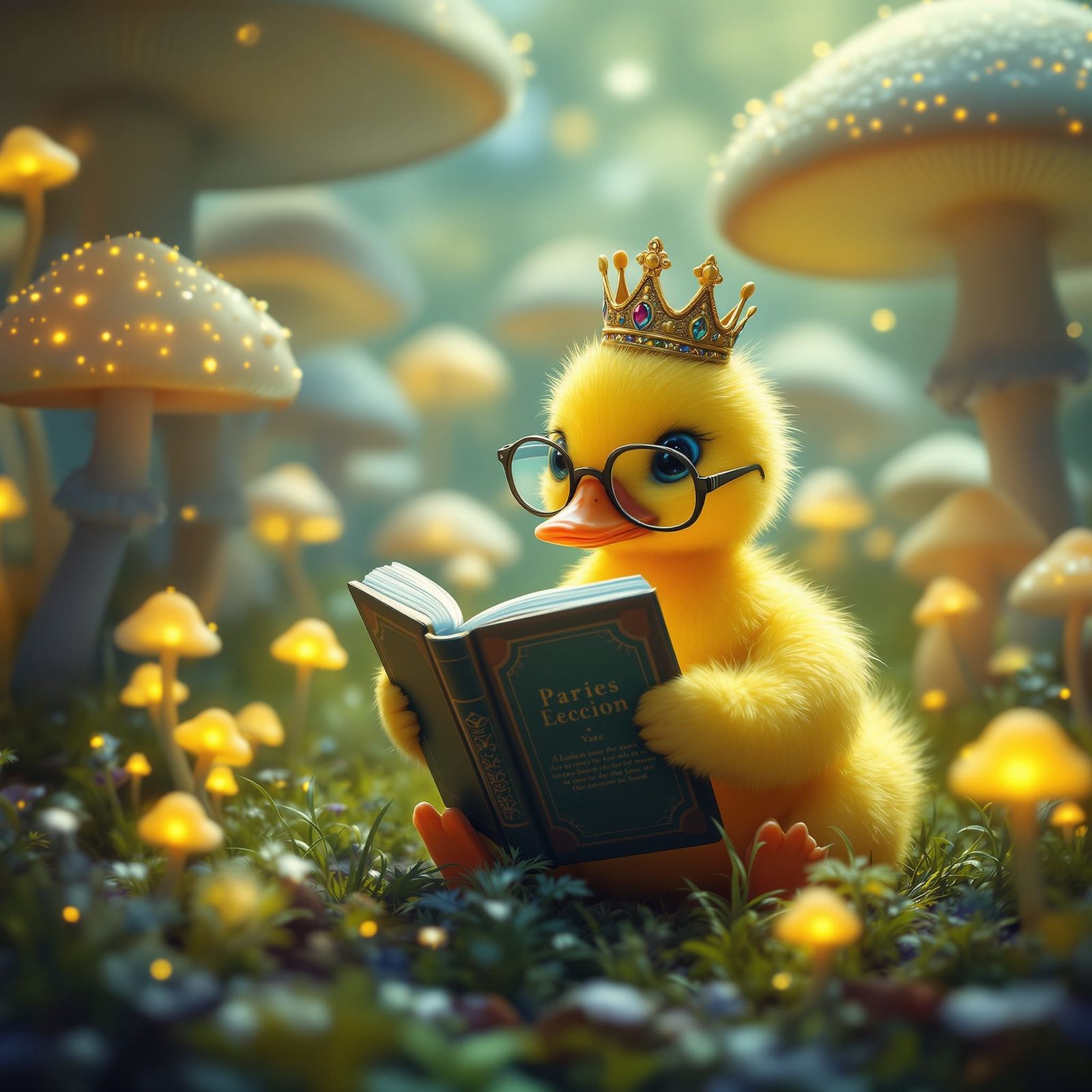 Duck Reads Book in Surreal Mushroom Field