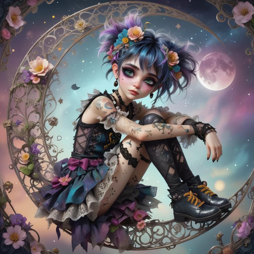 Whimsical Pixie on Crescent Moon in Digital Art