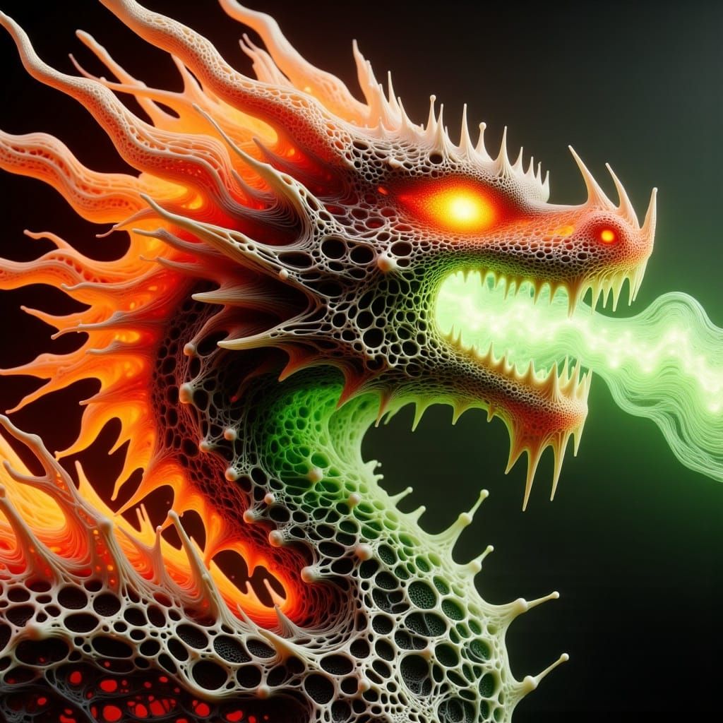 Dragon's Fiery Head in a Vibrant, Mystical Lora Mesh Array